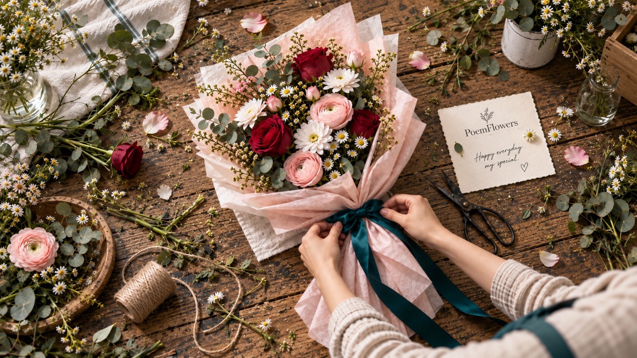 Người thợ hoa đang hoàn thiện bó hoa hồng, cúc và mao lương trên bàn gỗ